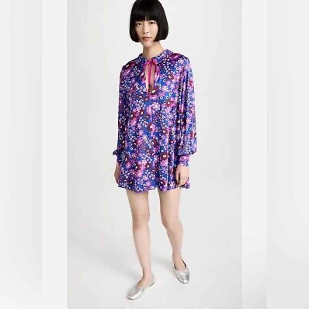 Vintage Free People Blue and Pink Bishop Sleeve Mini Dress Only dressed